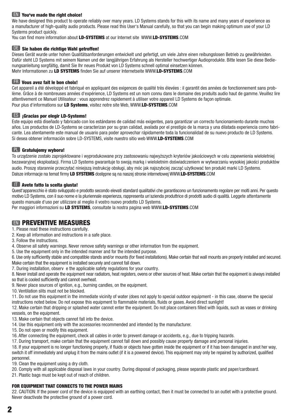 Preventive measures | LD Systems DAVE 18 G3 User Manual | Page 2 / 32