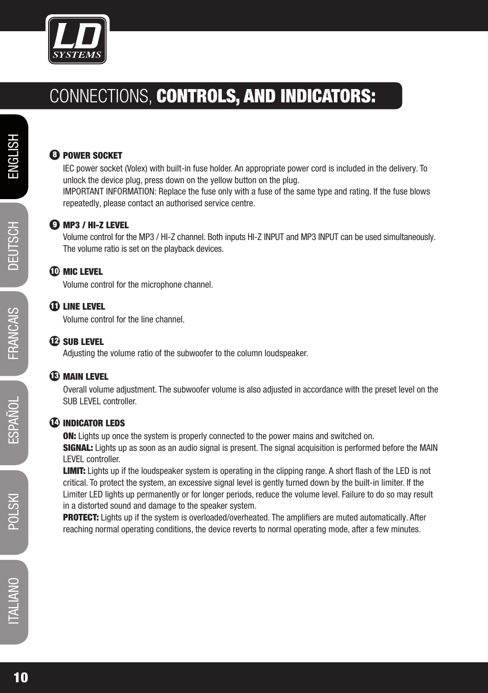 Connections, controls, and indicators | LD Systems MAUI 11 MIX W User Manual | Page 10 / 124
