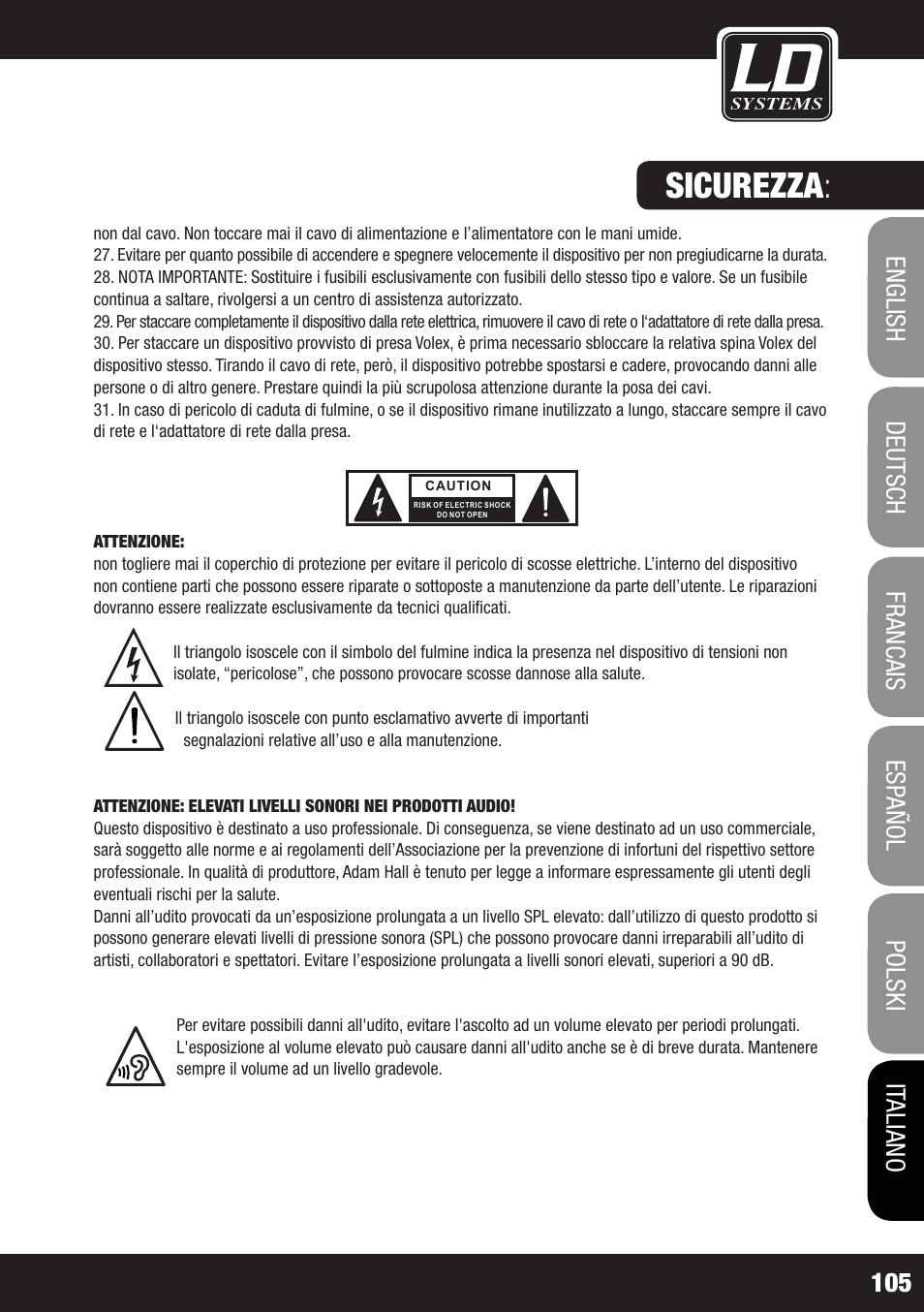 Sicurezza | LD Systems MAUI 11 MIX W User Manual | Page 105 / 124