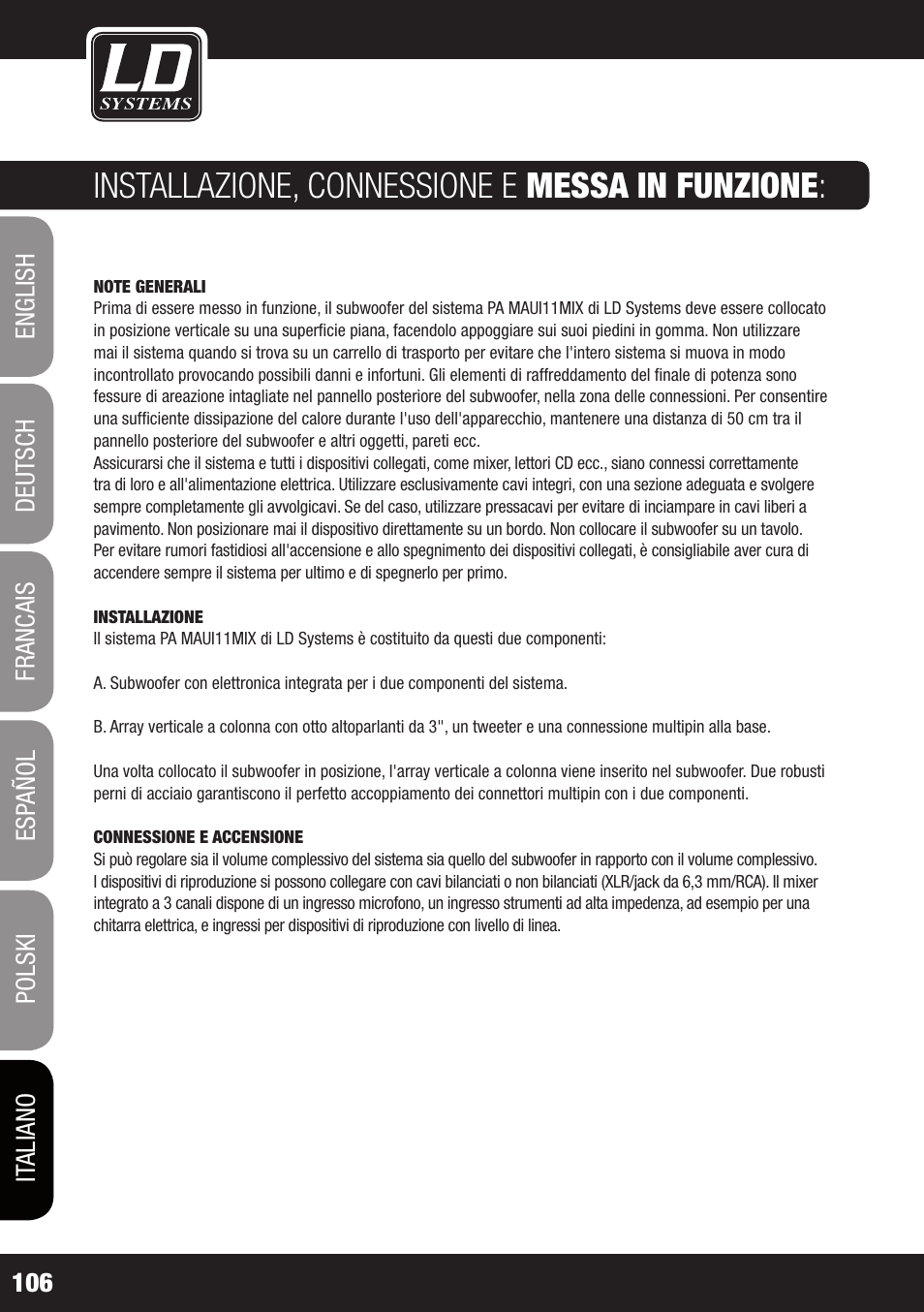 Installazione, connessione e messa in funzione | LD Systems MAUI 11 MIX W User Manual | Page 106 / 124