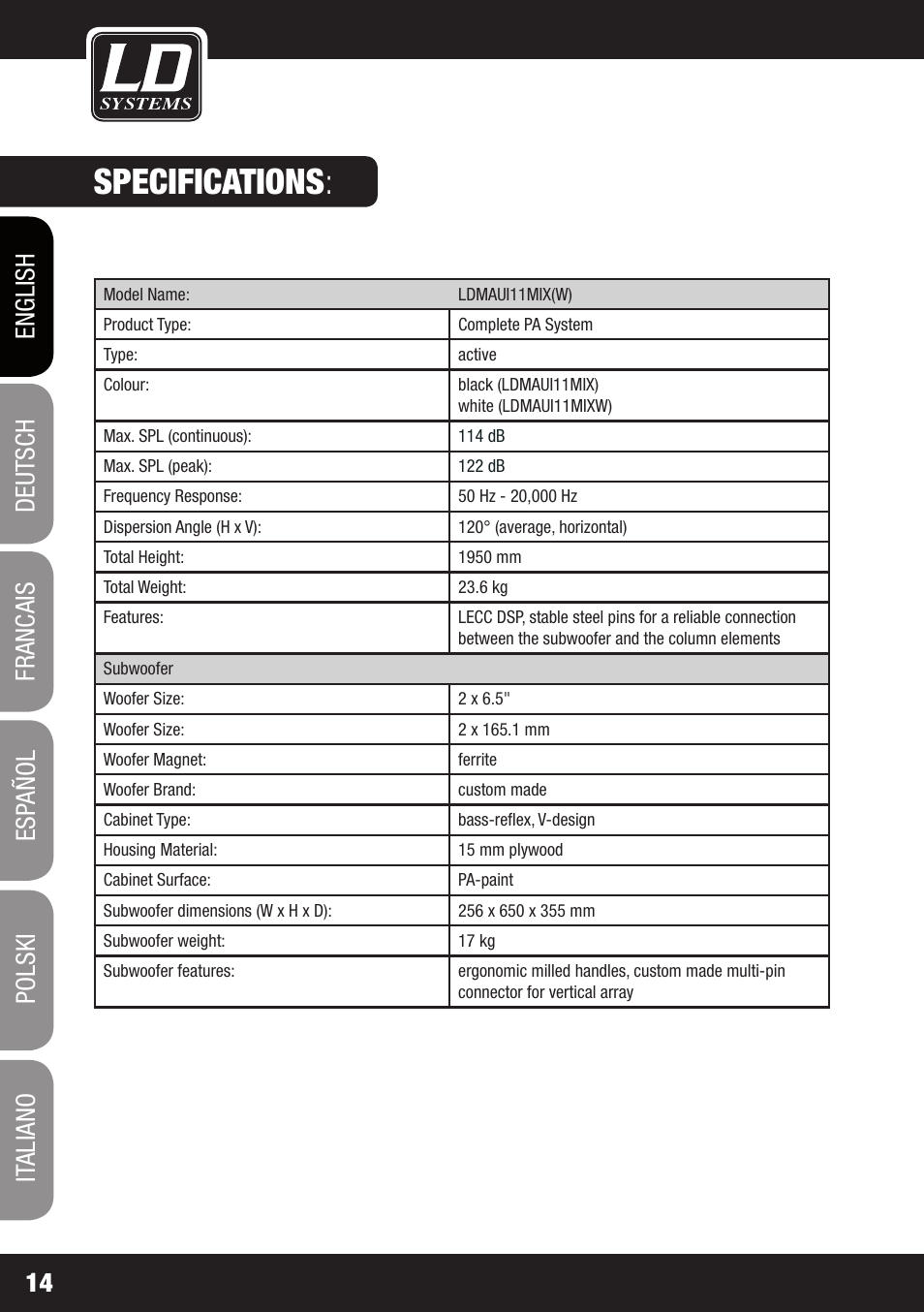 Specifications | LD Systems MAUI 11 MIX W User Manual | Page 14 / 124