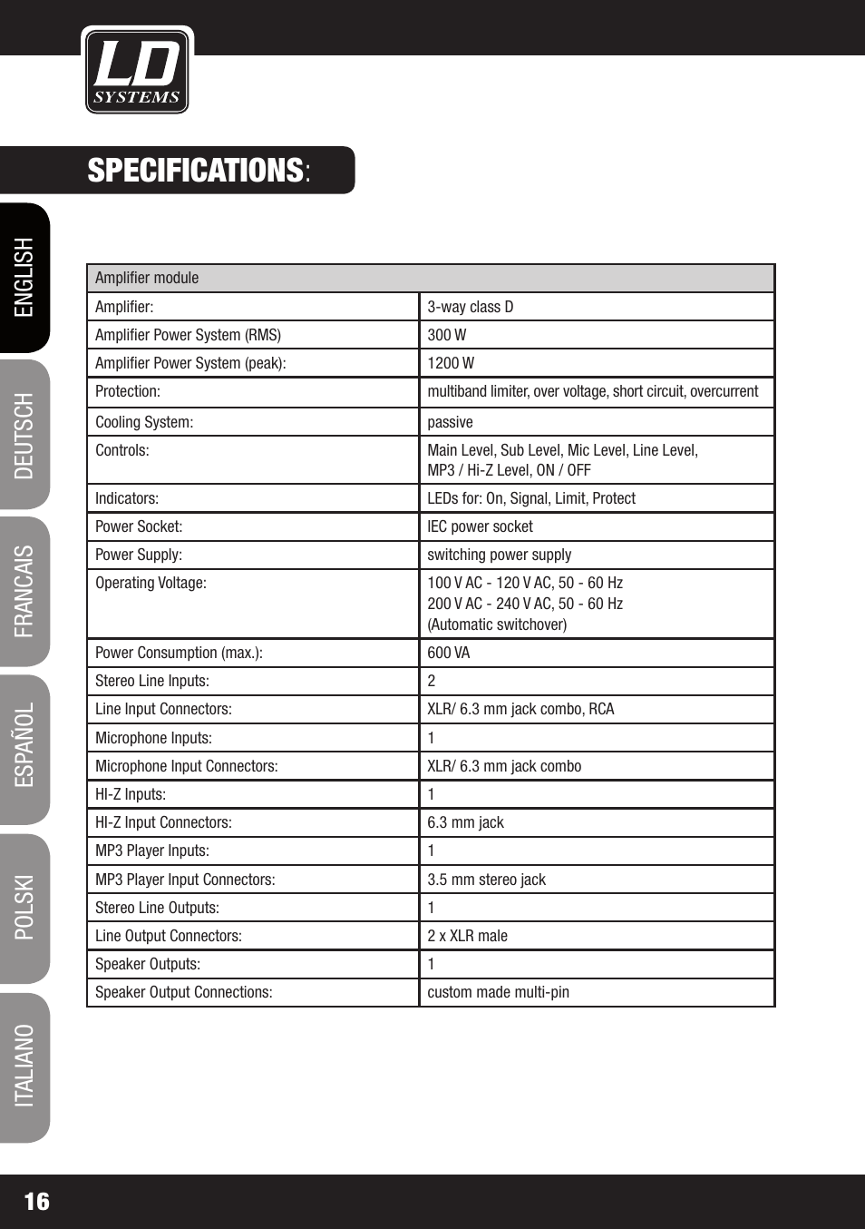 Specifications | LD Systems MAUI 11 MIX W User Manual | Page 16 / 124