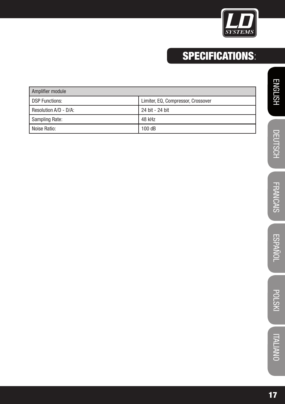 Specifications | LD Systems MAUI 11 MIX W User Manual | Page 17 / 124