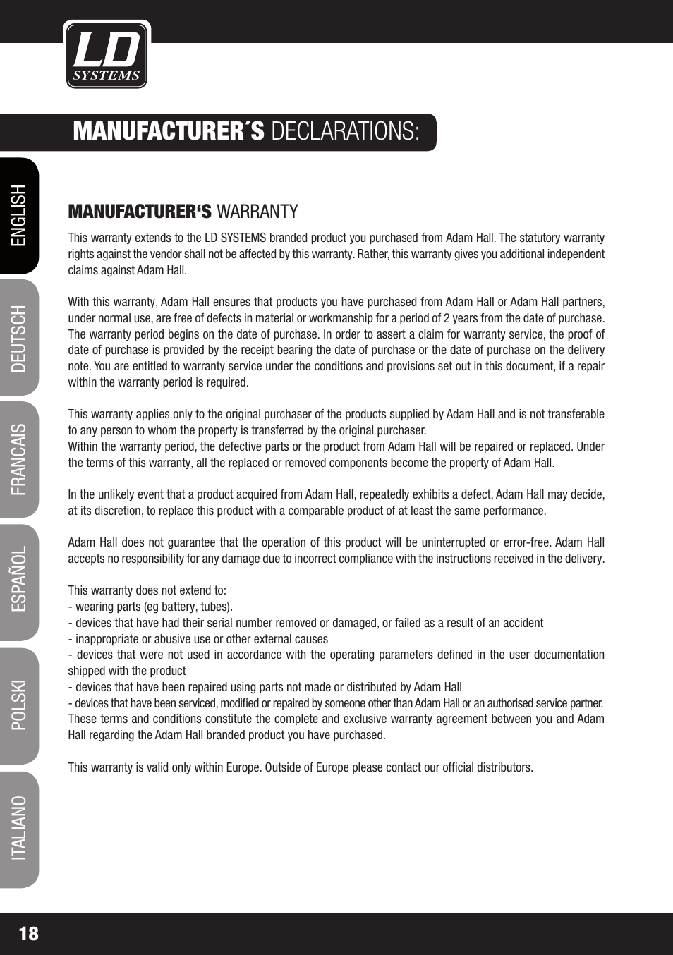 Manufacturer´s declarations | LD Systems MAUI 11 MIX W User Manual | Page 18 / 124