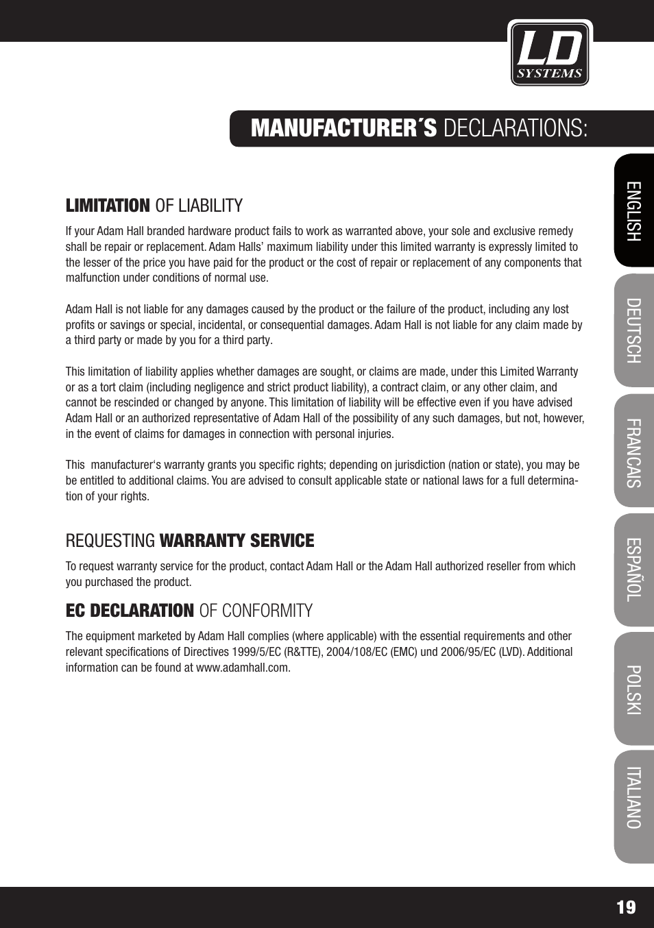 Manufacturer´s declarations | LD Systems MAUI 11 MIX W User Manual | Page 19 / 124