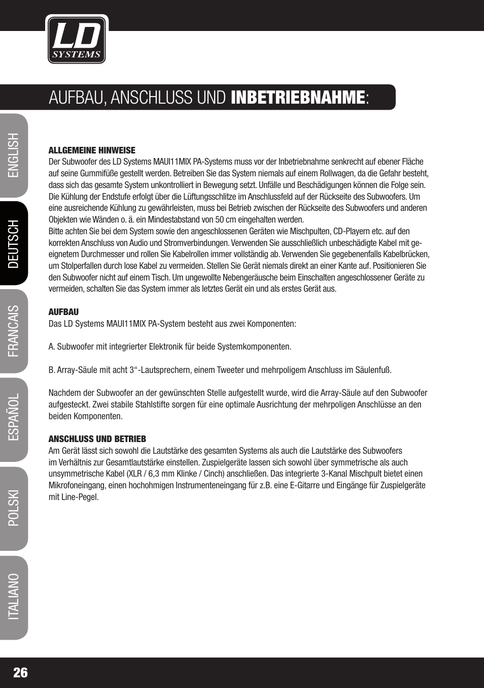 Aufbau, anschluss und inbetriebnahme | LD Systems MAUI 11 MIX W User Manual | Page 26 / 124