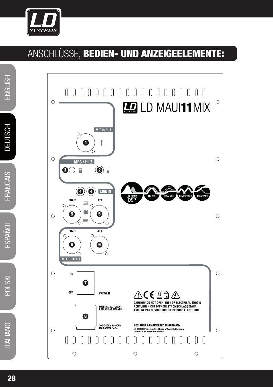 Anschlüsse, bedien- und anzeigeelemente | LD Systems MAUI 11 MIX W User Manual | Page 28 / 124