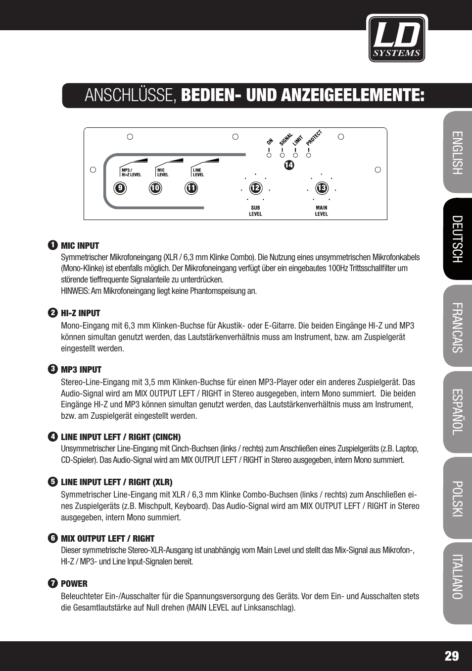 Anschlüsse, bedien- und anzeigeelemente | LD Systems MAUI 11 MIX W User Manual | Page 29 / 124