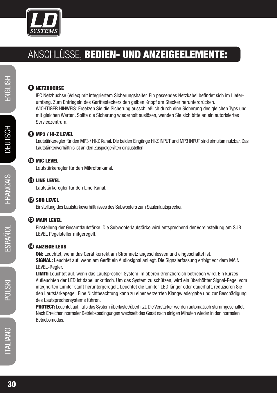 Anschlüsse, bedien- und anzeigeelemente | LD Systems MAUI 11 MIX W User Manual | Page 30 / 124