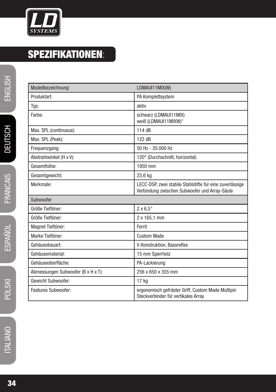 Spezifikationen | LD Systems MAUI 11 MIX W User Manual | Page 34 / 124