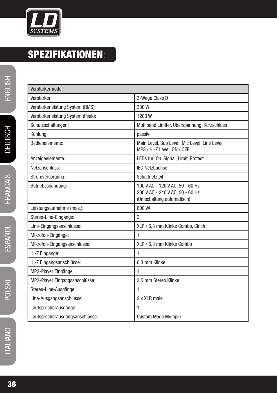 Spezifikationen | LD Systems MAUI 11 MIX W User Manual | Page 36 / 124