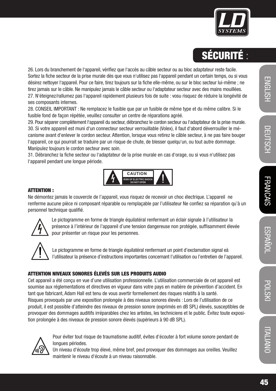 Sécurité | LD Systems MAUI 11 MIX W User Manual | Page 45 / 124