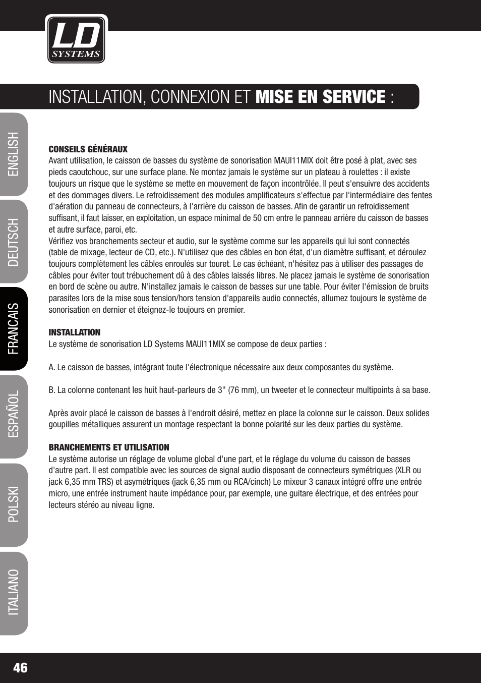 Installation, connexion et mise en service | LD Systems MAUI 11 MIX W User Manual | Page 46 / 124