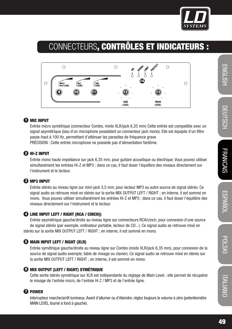 Connecteurs , contrôles et indicateurs | LD Systems MAUI 11 MIX W User Manual | Page 49 / 124