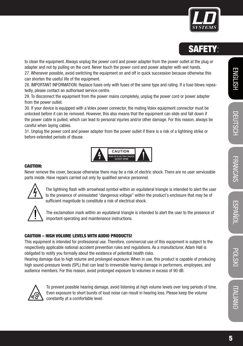 Safety | LD Systems MAUI 11 MIX W User Manual | Page 5 / 124