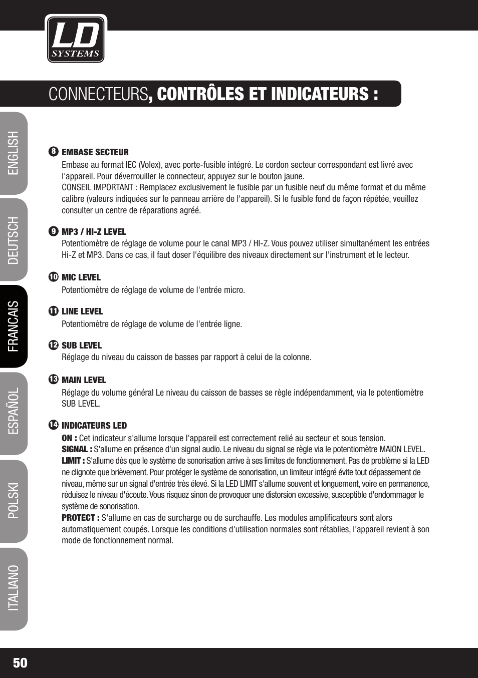 Connecteurs , contrôles et indicateurs | LD Systems MAUI 11 MIX W User Manual | Page 50 / 124