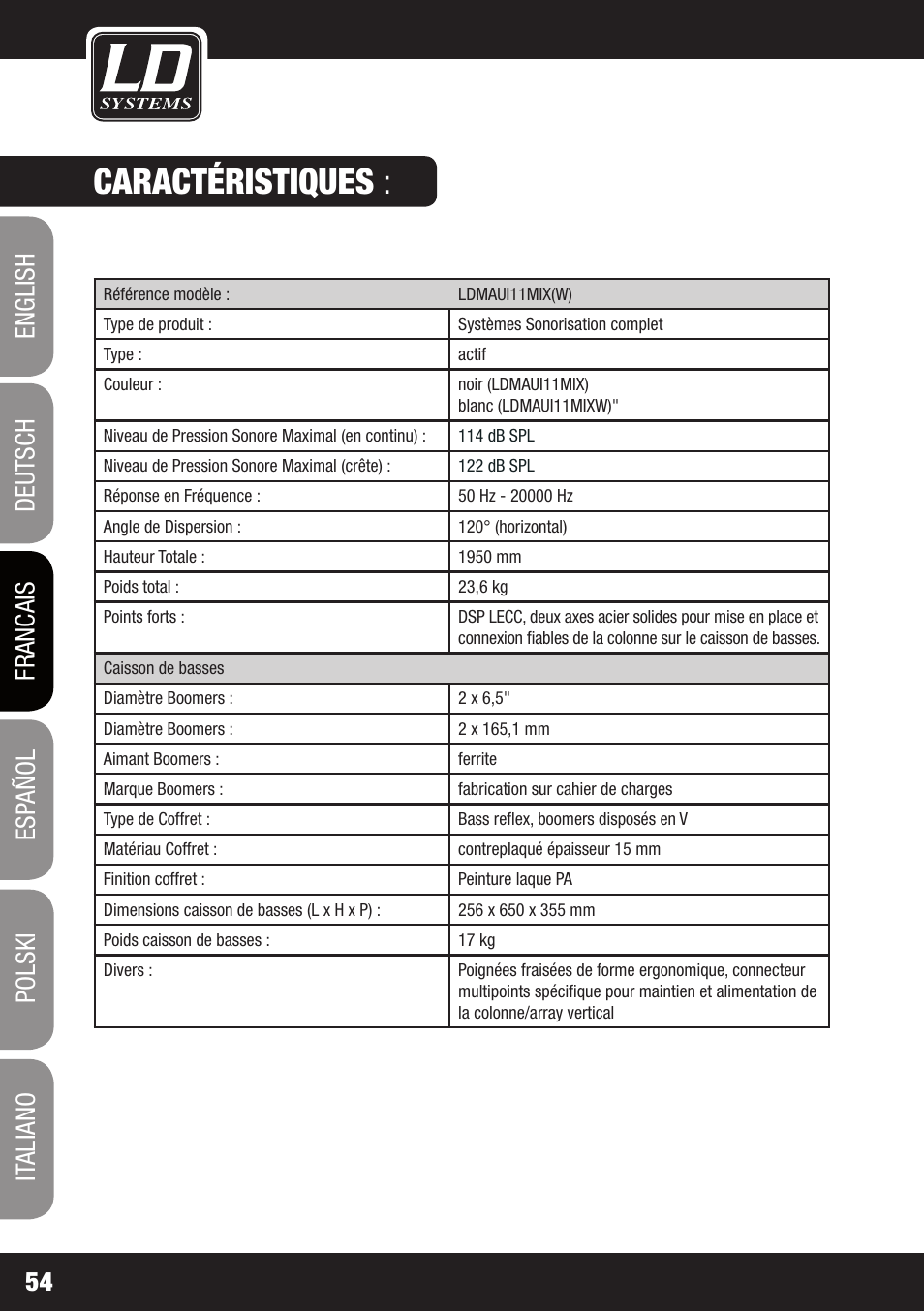 Caractéristiques | LD Systems MAUI 11 MIX W User Manual | Page 54 / 124