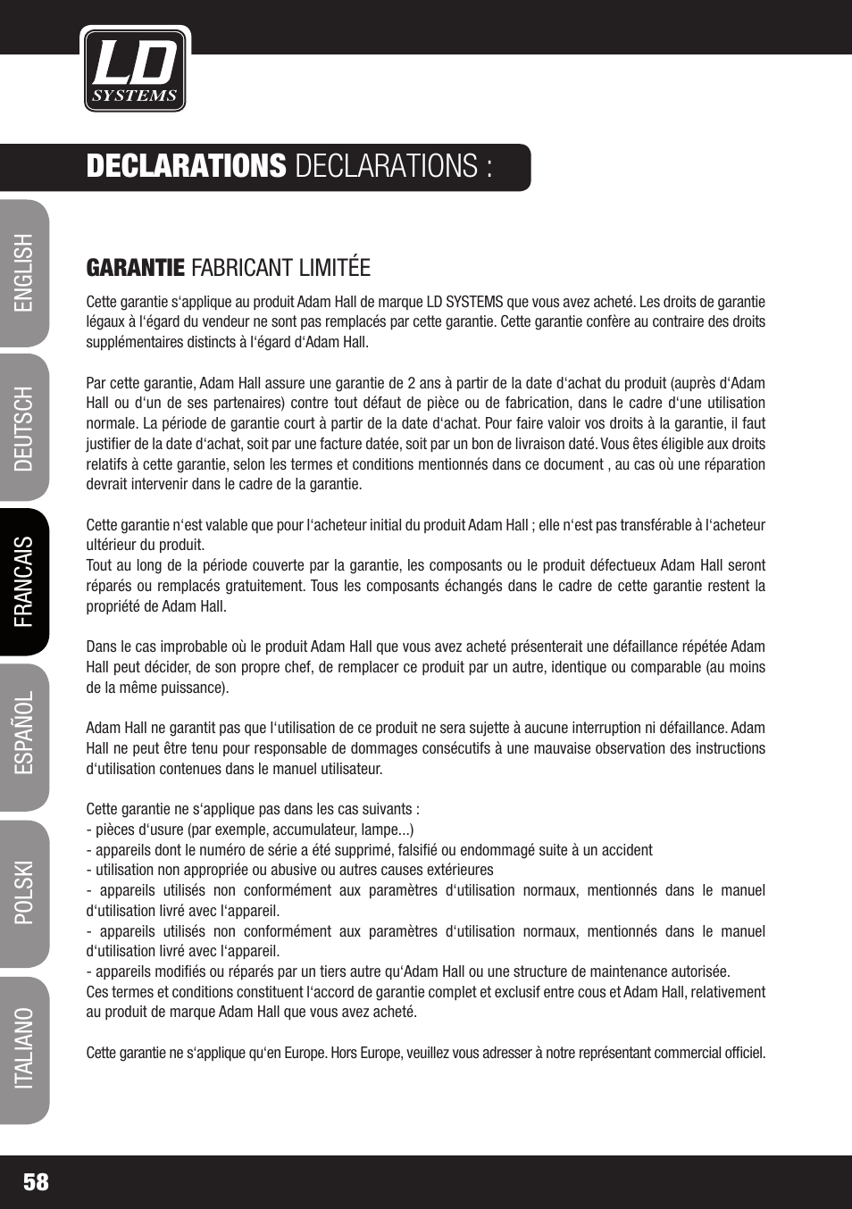 Declarations declarations | LD Systems MAUI 11 MIX W User Manual | Page 58 / 124