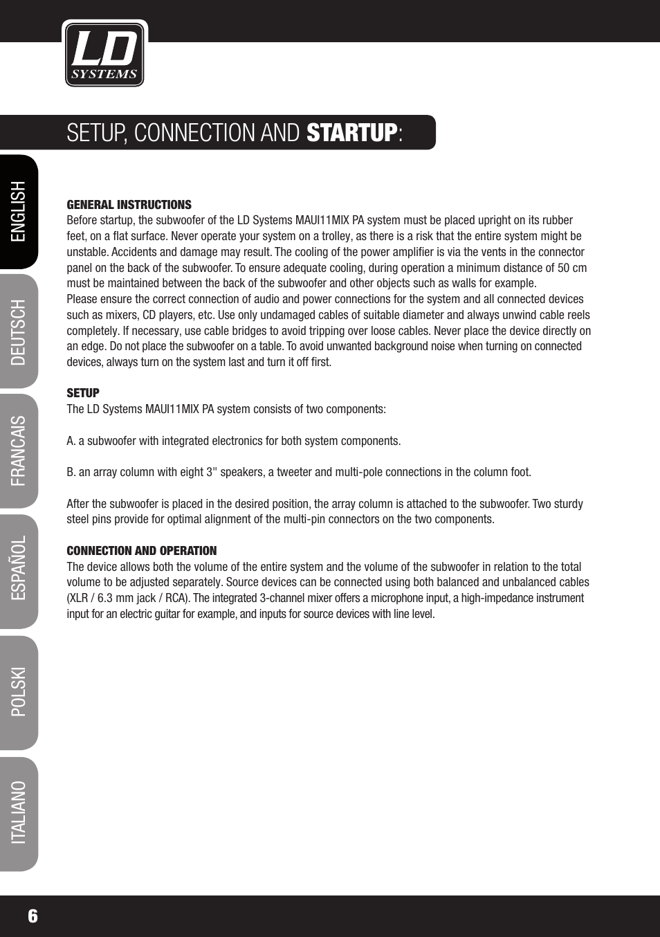 Setup, connection and startup | LD Systems MAUI 11 MIX W User Manual | Page 6 / 124