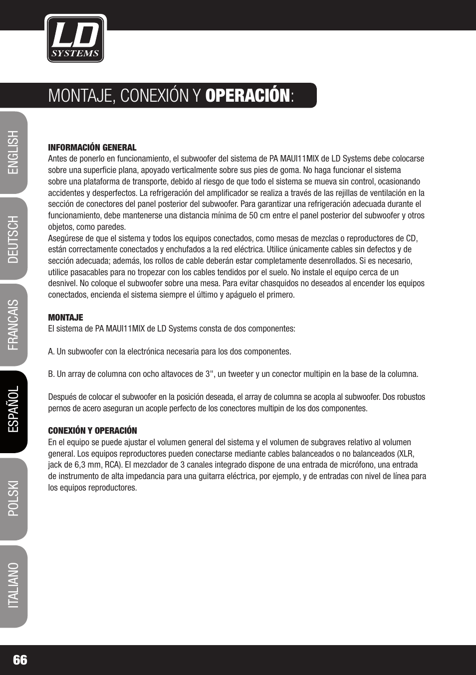 Montaje, conexión y operación | LD Systems MAUI 11 MIX W User Manual | Page 66 / 124