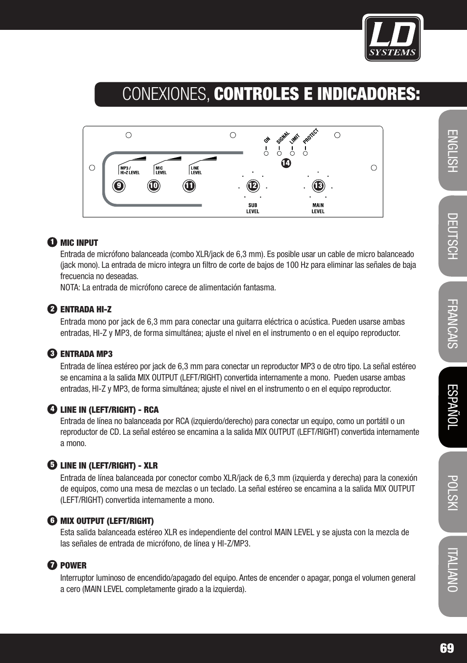 Conexiones, controles e indicadores | LD Systems MAUI 11 MIX W User Manual | Page 69 / 124