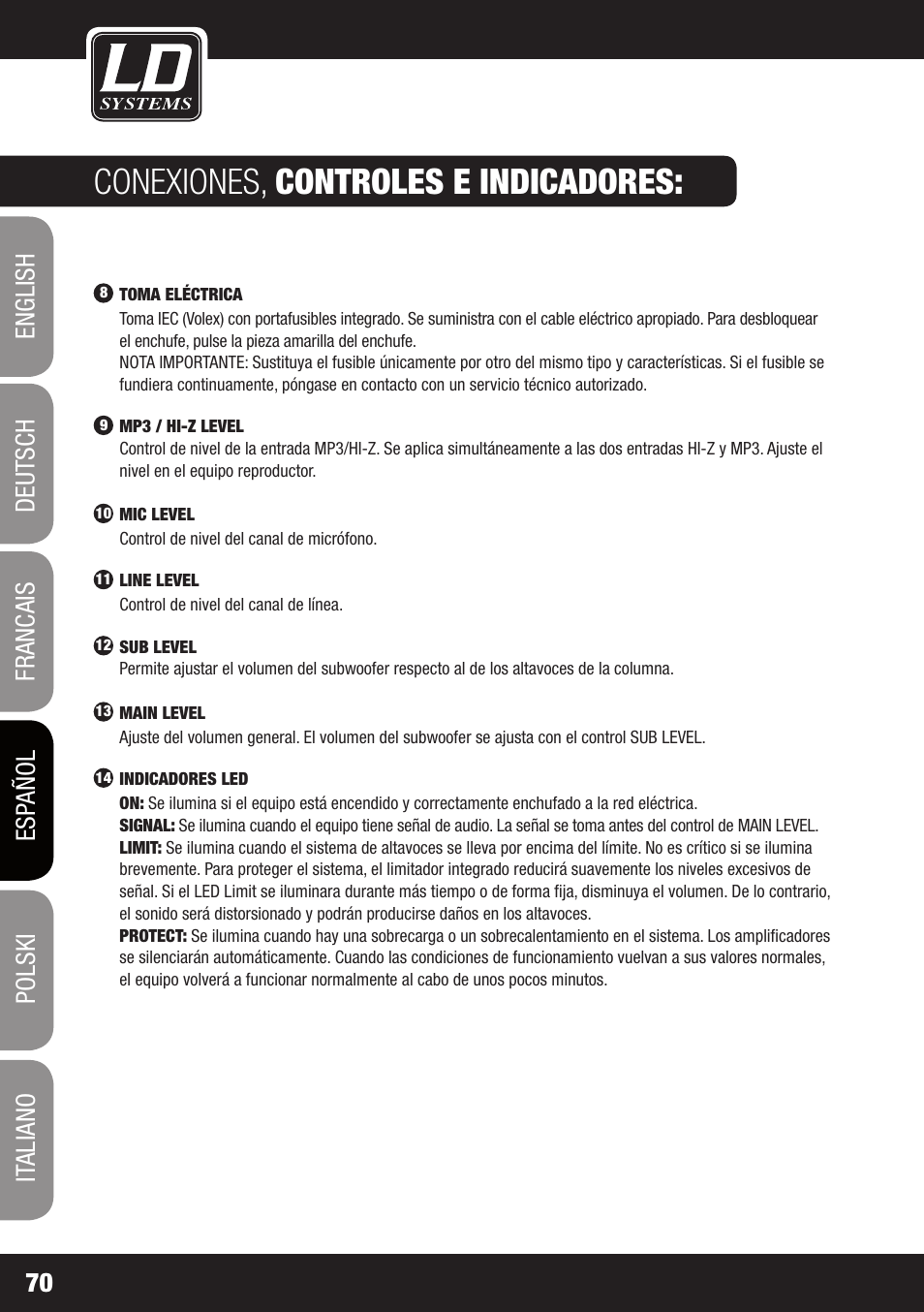Conexiones, controles e indicadores | LD Systems MAUI 11 MIX W User Manual | Page 70 / 124