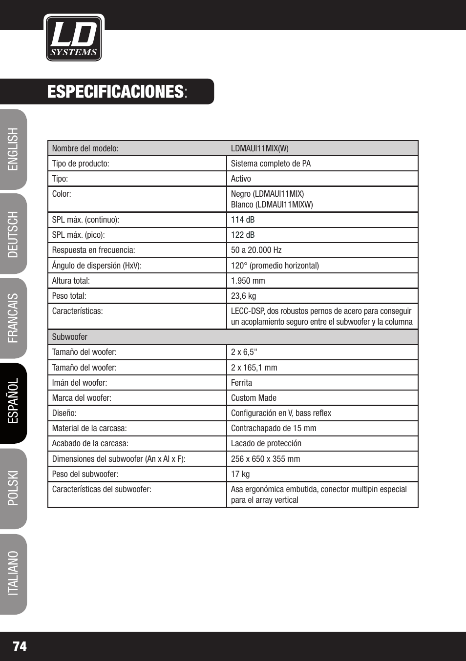 Especificaciones | LD Systems MAUI 11 MIX W User Manual | Page 74 / 124