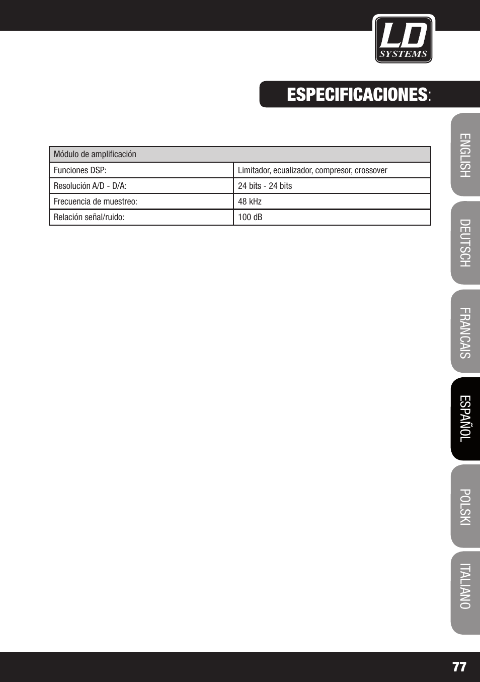 Especificaciones | LD Systems MAUI 11 MIX W User Manual | Page 77 / 124