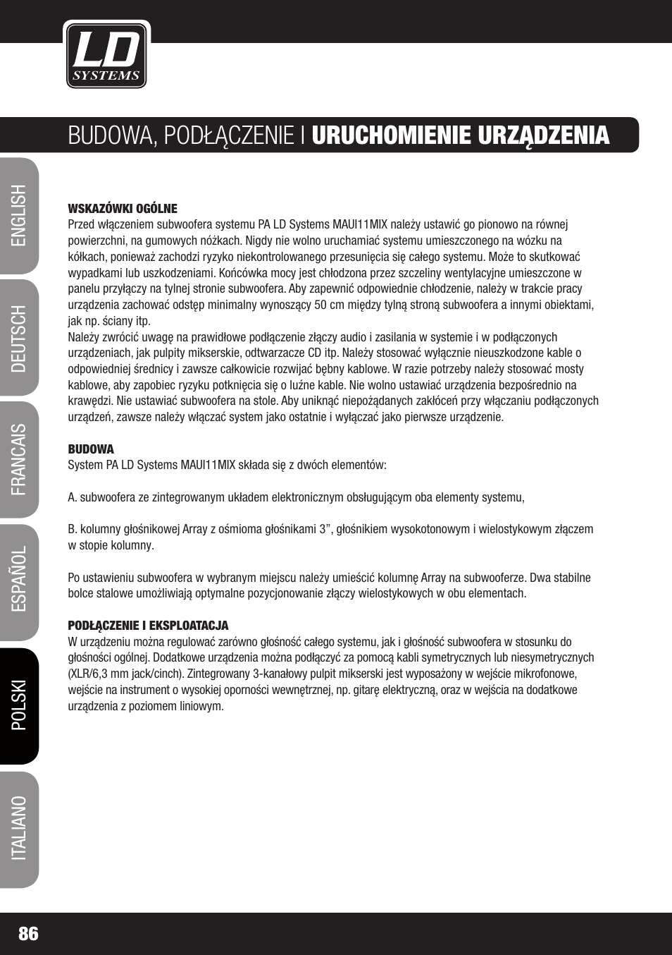 Budowa, podłączenie i uruchomienie urządzenia | LD Systems MAUI 11 MIX W User Manual | Page 86 / 124