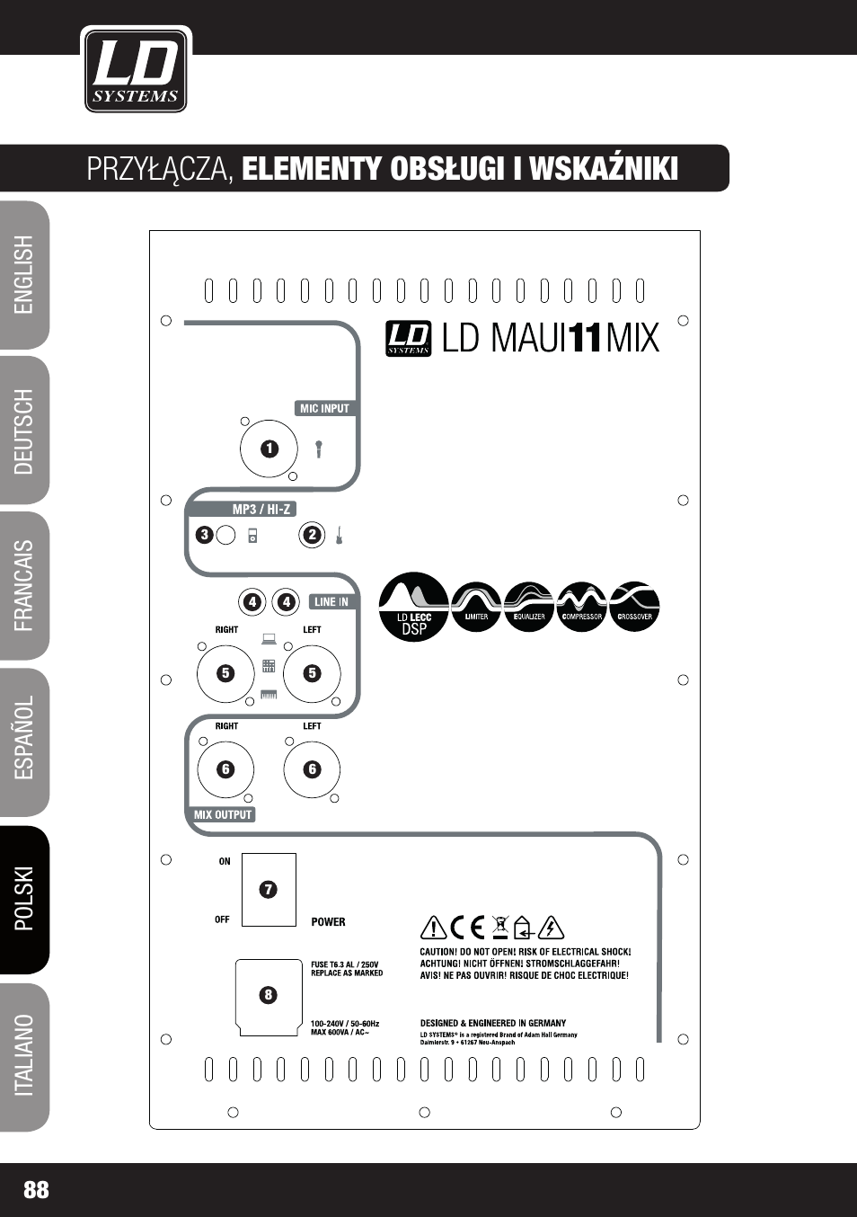 Przyłącza, elementy obsługi i wskaźniki | LD Systems MAUI 11 MIX W User Manual | Page 88 / 124