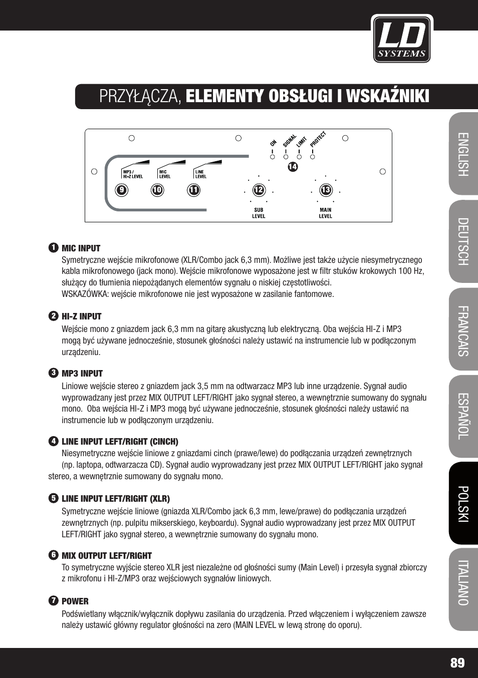 Przyłącza, elementy obsługi i wskaźniki | LD Systems MAUI 11 MIX W User Manual | Page 89 / 124