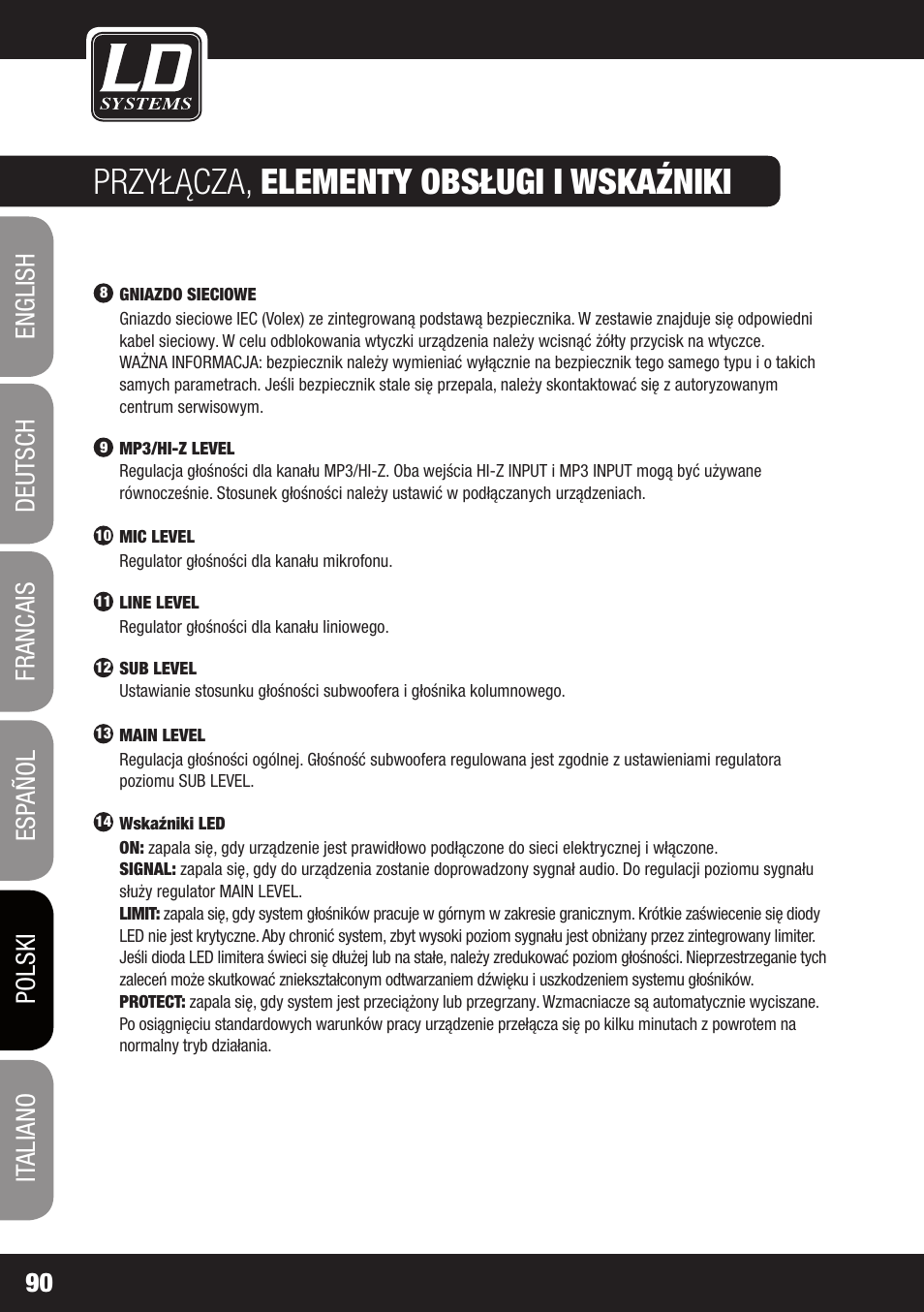 Przyłącza, elementy obsługi i wskaźniki | LD Systems MAUI 11 MIX W User Manual | Page 90 / 124