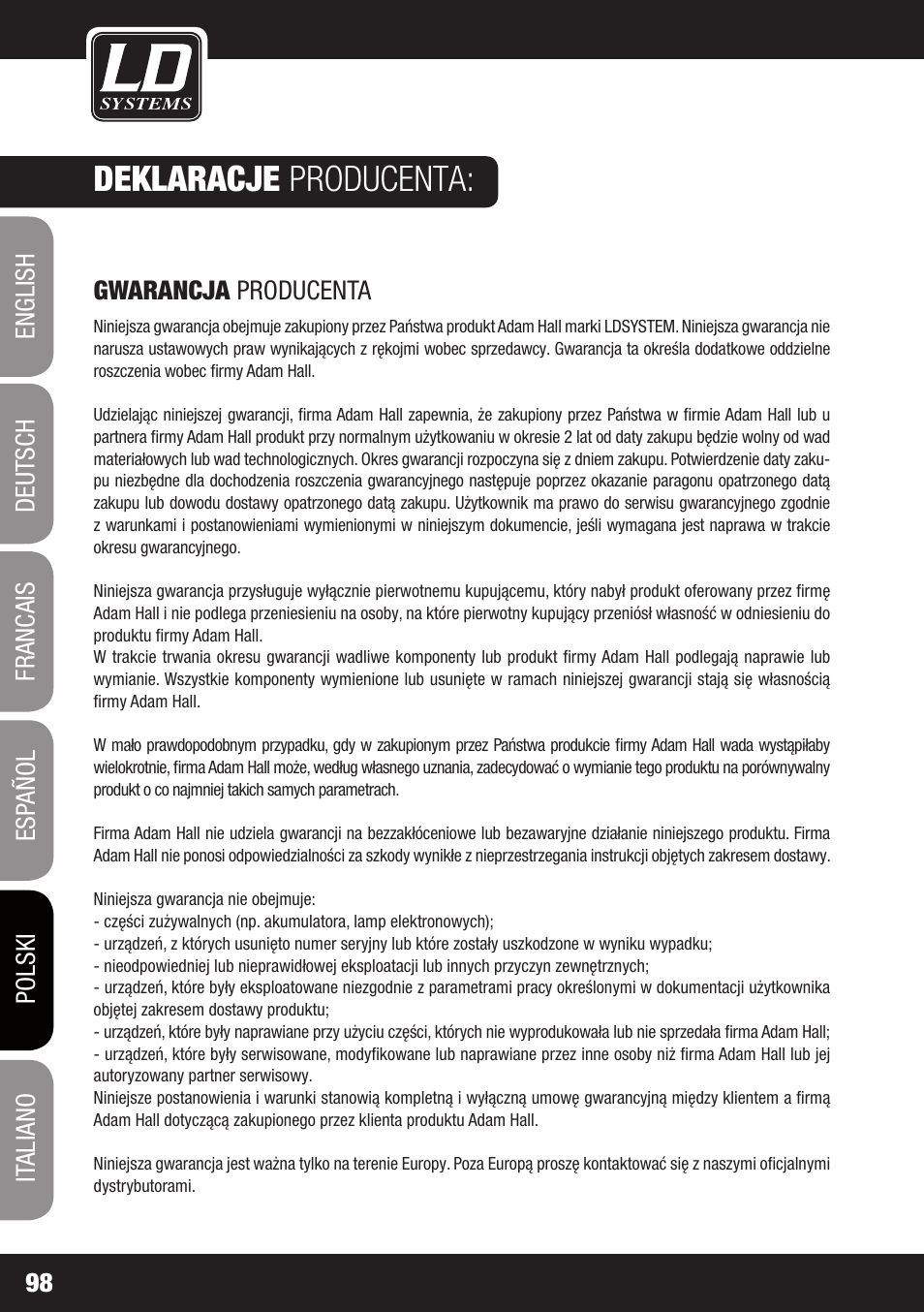 Deklaracje producenta | LD Systems MAUI 11 MIX W User Manual | Page 98 / 124