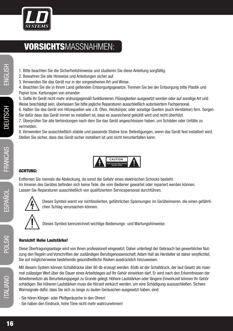 Vorsichts massnahmen | LD Systems MAUI 28 W User Manual | Page 16 / 74
