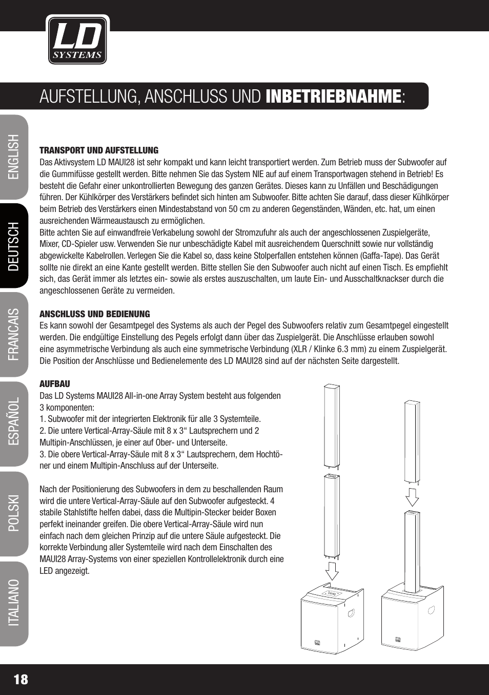 Aufstellung, anschluss und inbetriebnahme | LD Systems MAUI 28 W User Manual | Page 18 / 74