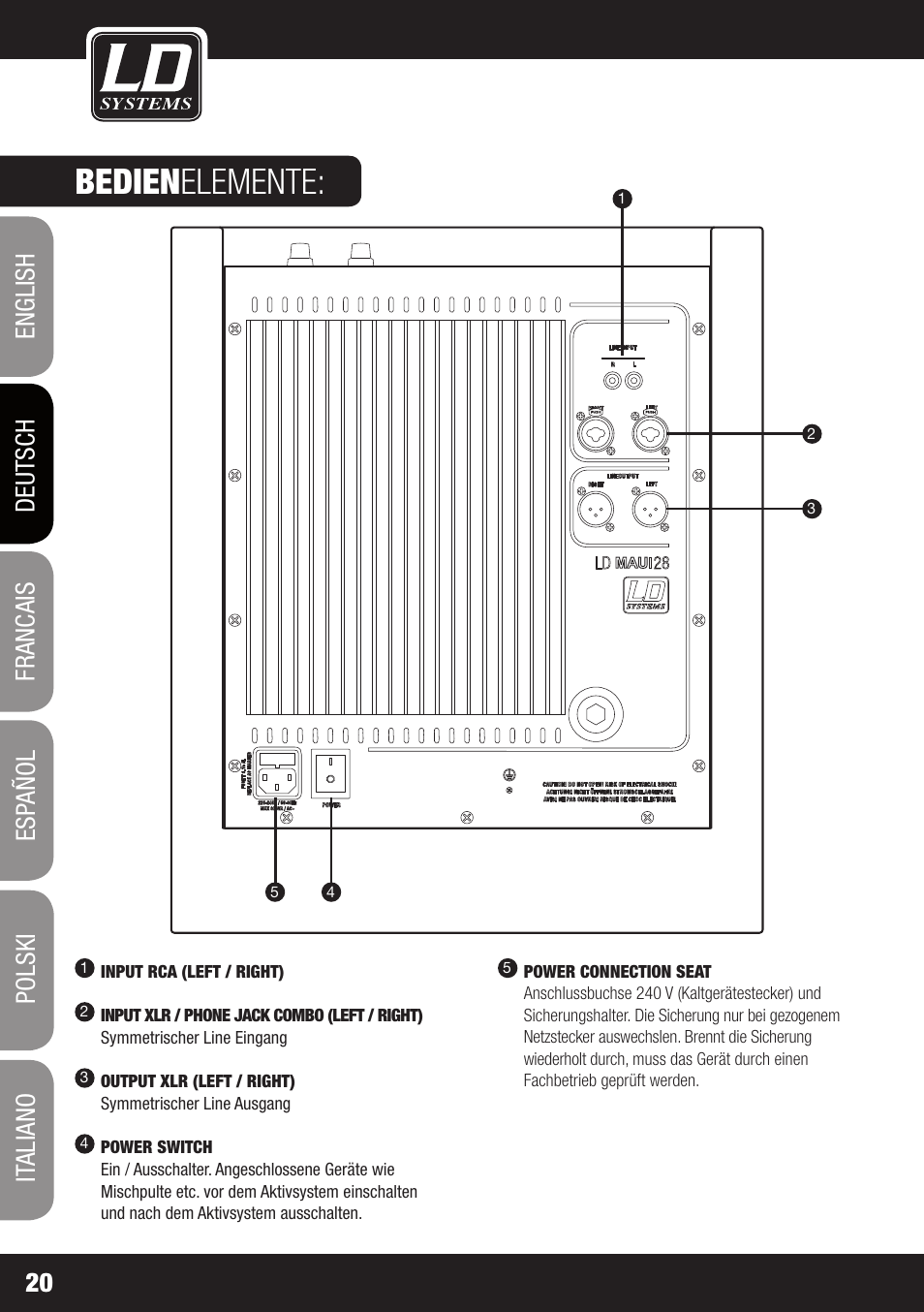 Bedien elemente | LD Systems MAUI 28 W User Manual | Page 20 / 74