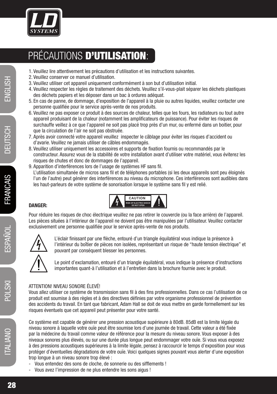 Précautions d’utilisation | LD Systems MAUI 28 W User Manual | Page 28 / 74