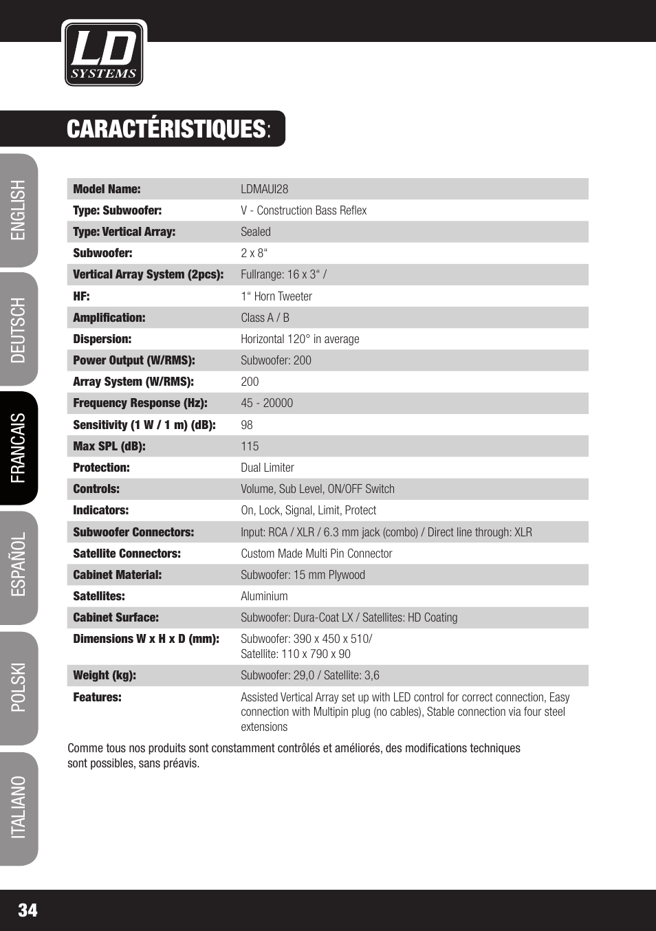 Caractéristiques | LD Systems MAUI 28 W User Manual | Page 34 / 74