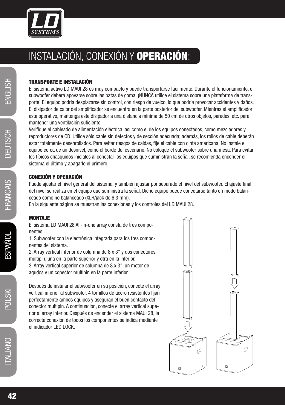 Instalación, conexión y operación | LD Systems MAUI 28 W User Manual | Page 42 / 74