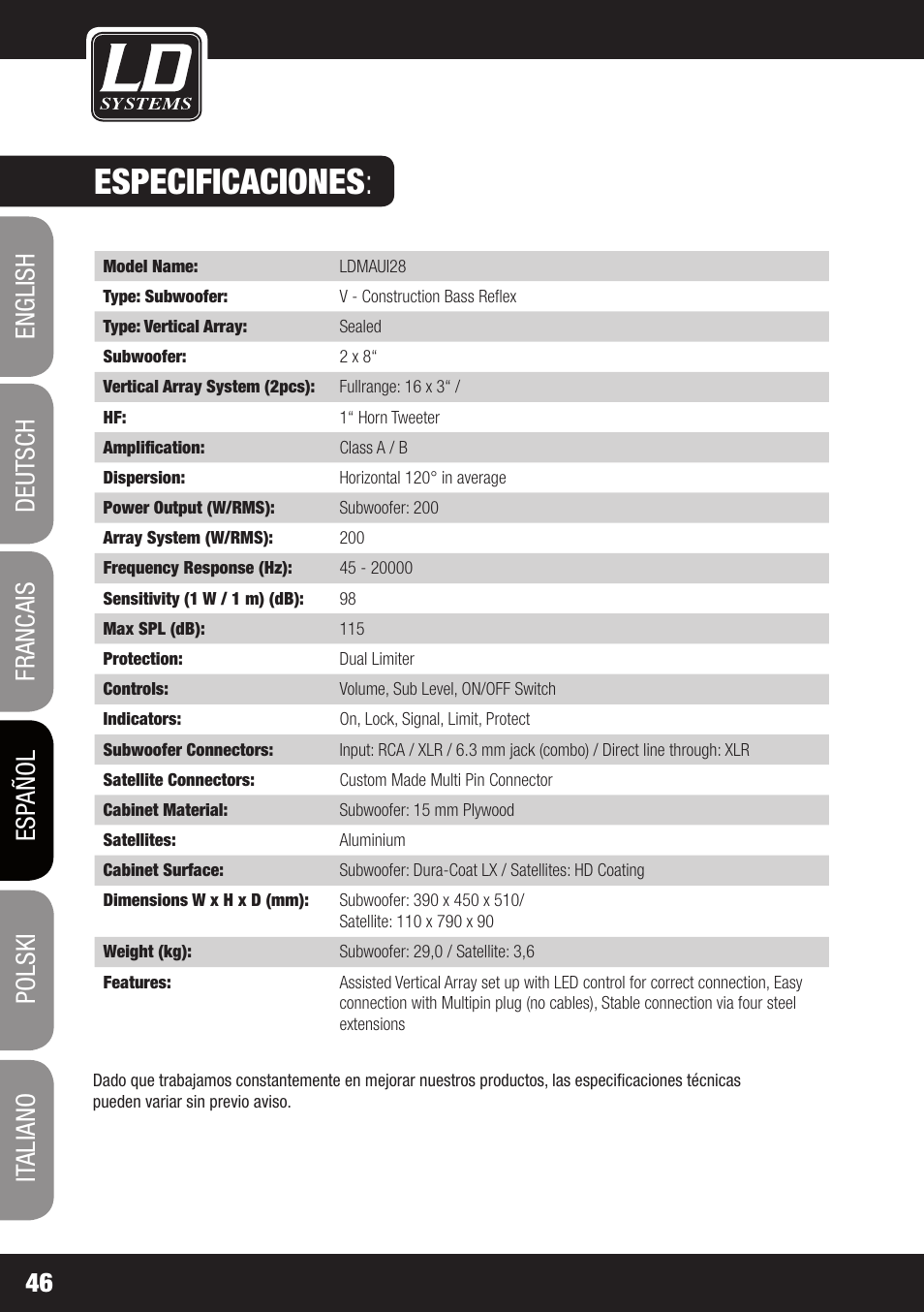 Especificaciones | LD Systems MAUI 28 W User Manual | Page 46 / 74