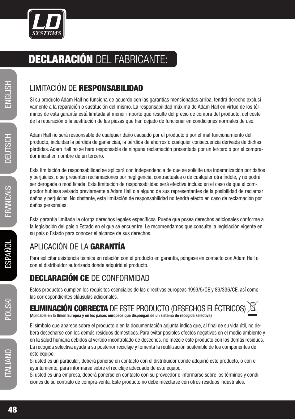 Declaración del fabricante | LD Systems MAUI 28 W User Manual | Page 48 / 74