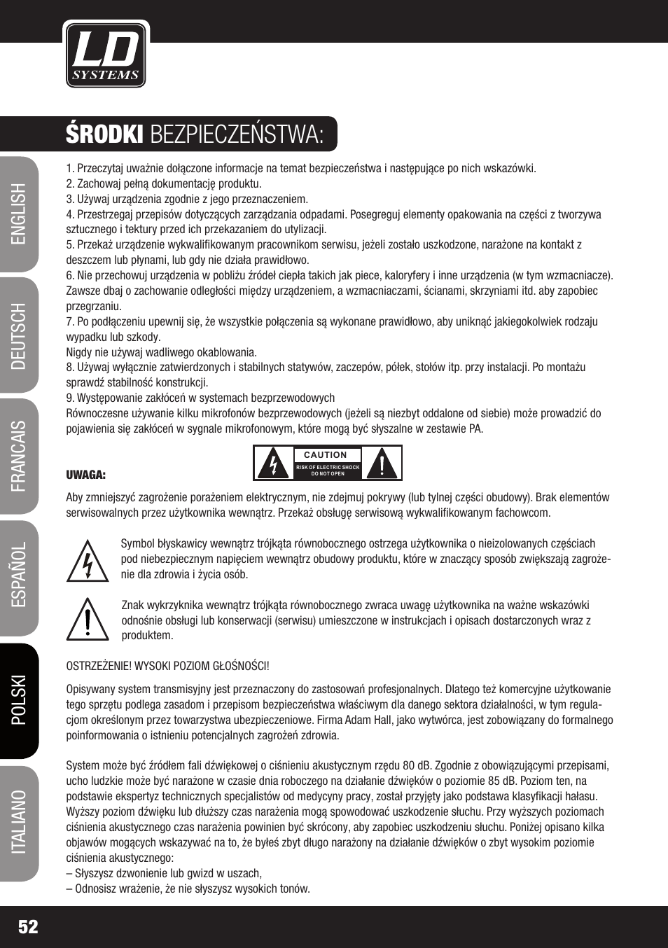 Środki bezpieczeństwa | LD Systems MAUI 28 W User Manual | Page 52 / 74