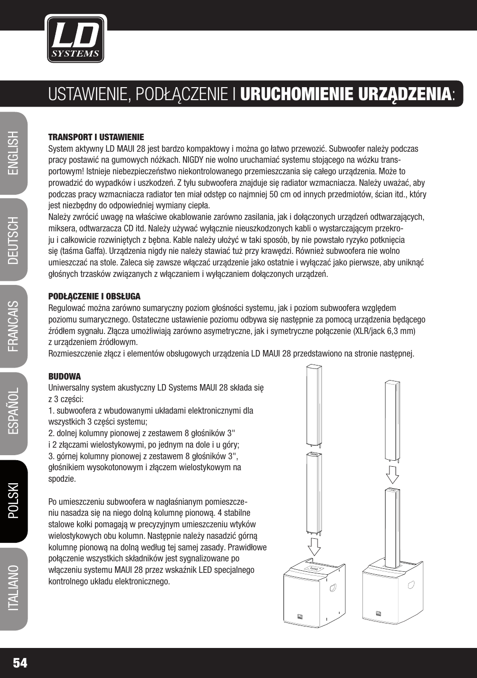 Ustawienie, podłączenie i uruchomienie urządzenia | LD Systems MAUI 28 W User Manual | Page 54 / 74