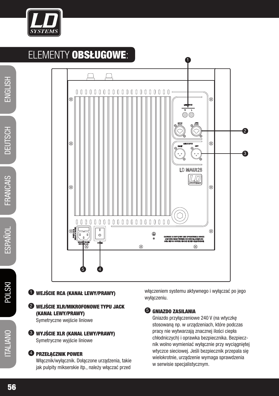 Elementy obsługowe | LD Systems MAUI 28 W User Manual | Page 56 / 74