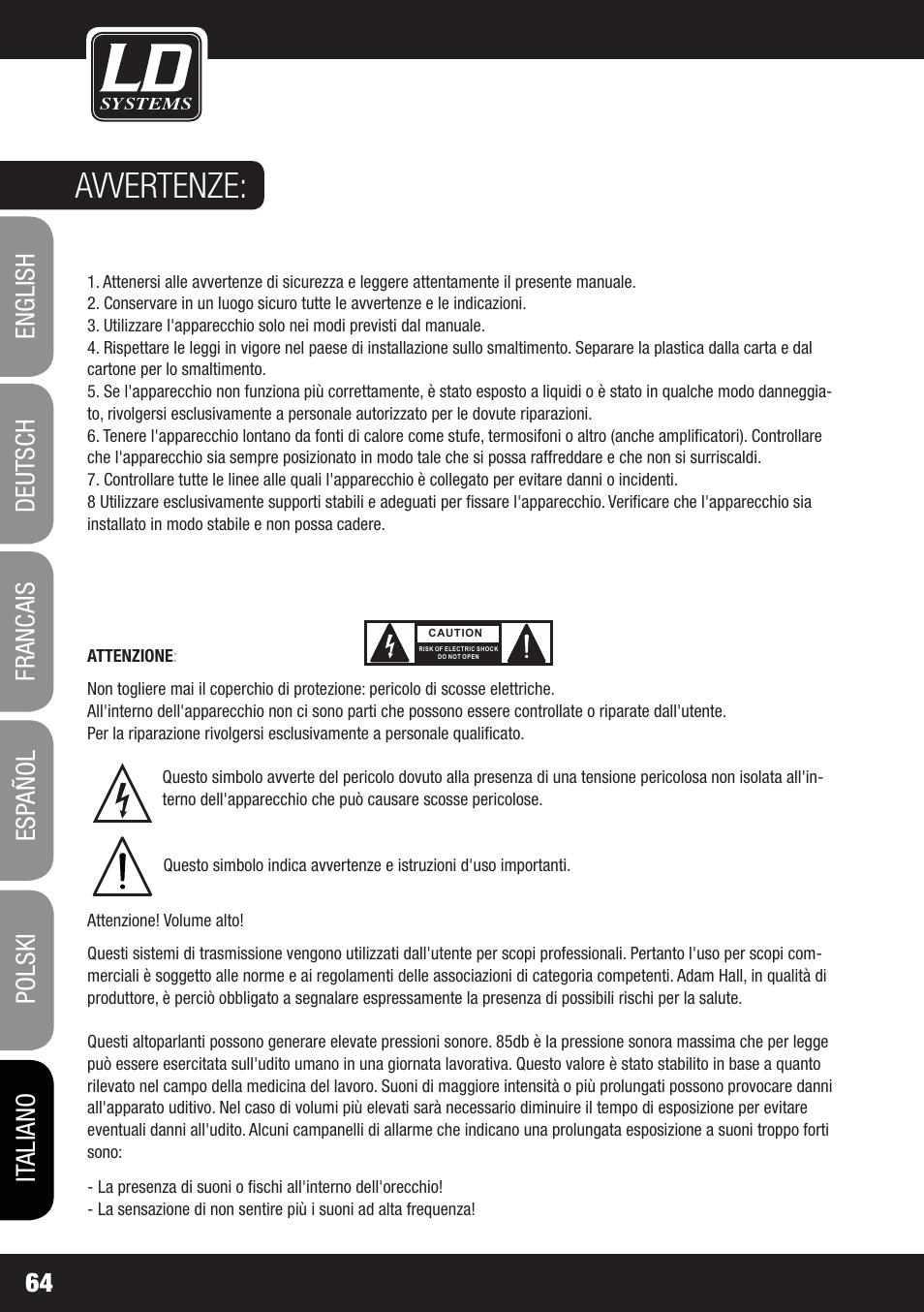 Avvertenze | LD Systems MAUI 28 W User Manual | Page 64 / 74