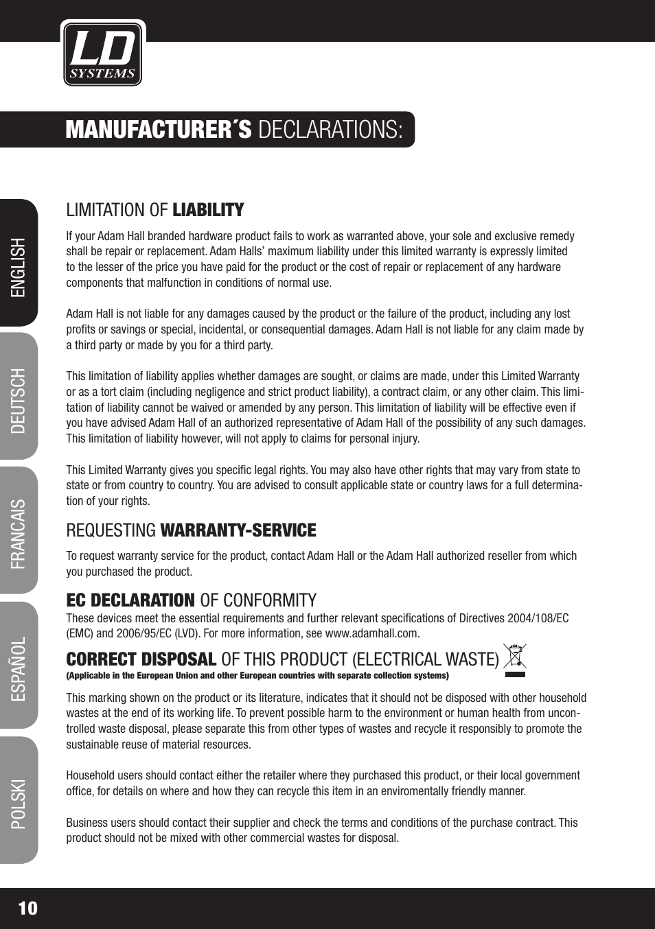 Manufacturer´s declarations | LD Systems DAVE 8 XS User Manual | Page 10 / 52