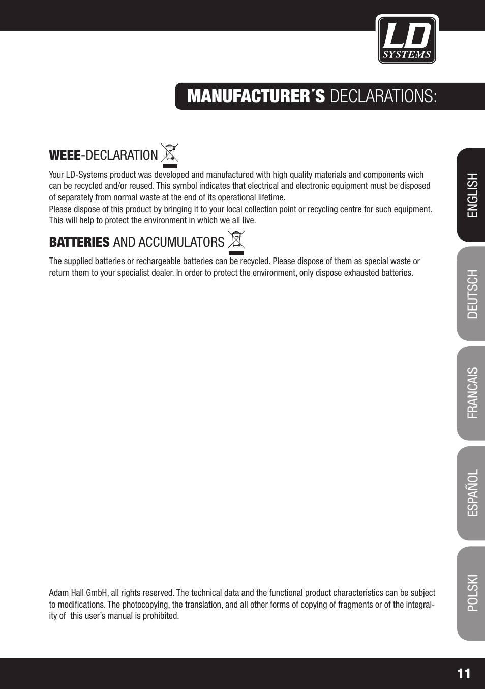 Manufacturer´s declarations | LD Systems DAVE 8 XS User Manual | Page 11 / 52