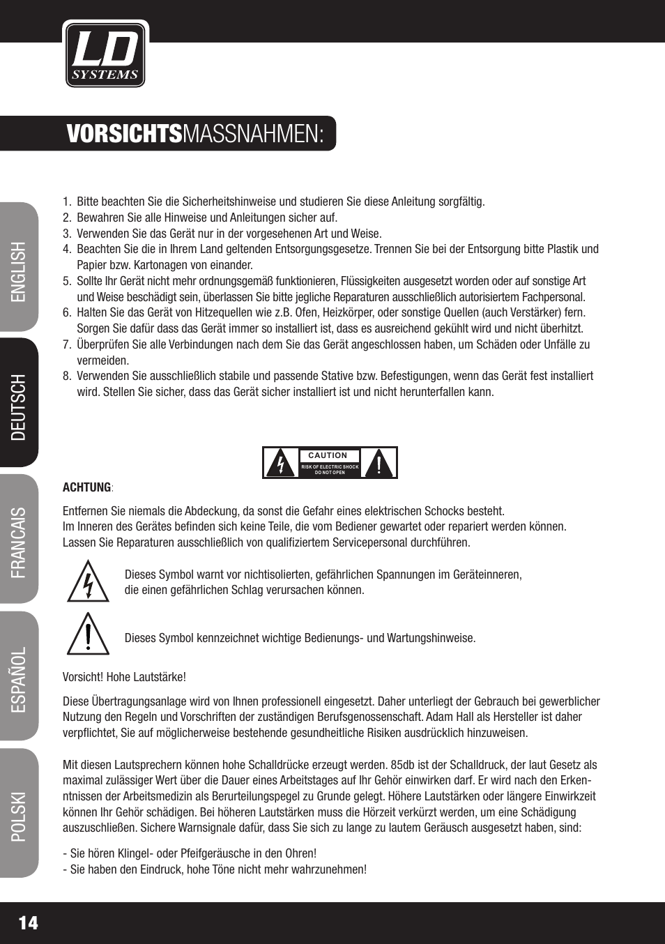 Vorsichts massnahmen | LD Systems DAVE 8 XS User Manual | Page 14 / 52