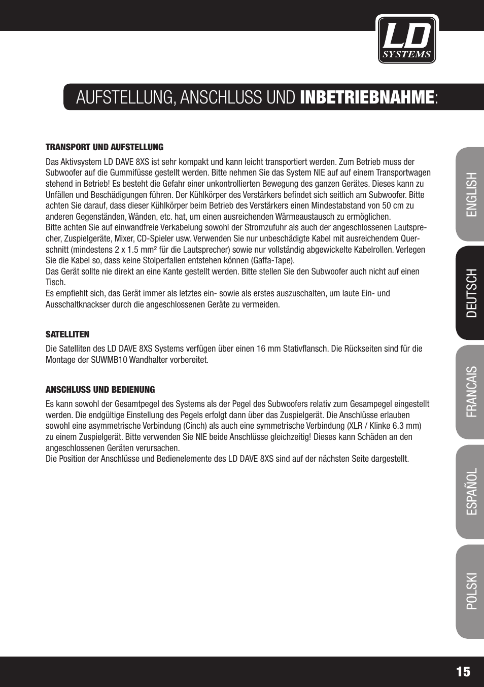 Aufstellung, anschluss und inbetriebnahme | LD Systems DAVE 8 XS User Manual | Page 15 / 52