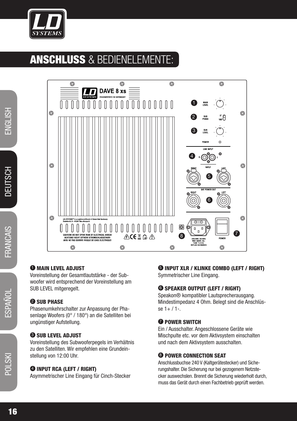 Anschluss & bedienelemente | LD Systems DAVE 8 XS User Manual | Page 16 / 52